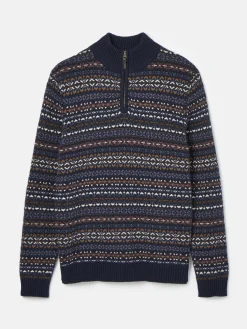 New Joules Fair Isle Quarter Zip Knit Jumper Contains Merino Wool Navy
