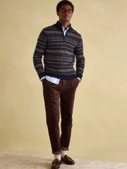 New Joules Fair Isle Quarter Zip Knit Jumper Contains Merino Wool Navy