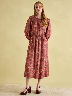 Online Joules Felicity Red Paisley Smocked Midi Dress RedPaisley