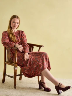 Online Joules Felicity Red Paisley Smocked Midi Dress RedPaisley
