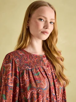 Online Joules Felicity Red Paisley Smocked Midi Dress RedPaisley