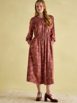 Online Joules Felicity Red Paisley Smocked Midi Dress RedPaisley