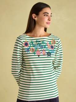 New Joules Festive Harbour Boat Neck Breton Top Green/White