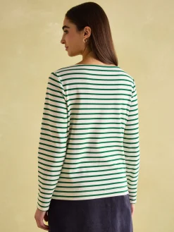 New Joules Festive Harbour Boat Neck Breton Top Green/White