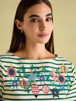 New Joules Festive Harbour Boat Neck Breton Top Green/White