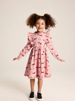 Joules Florence Pink Horse Print Long Sleeve Frilled Dress PinkHorsePrint