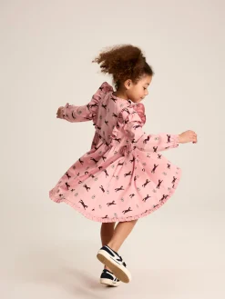 Joules Florence Pink Horse Print Long Sleeve Frilled Dress PinkHorsePrint