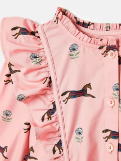 Joules Florence Pink Horse Print Long Sleeve Frilled Dress PinkHorsePrint