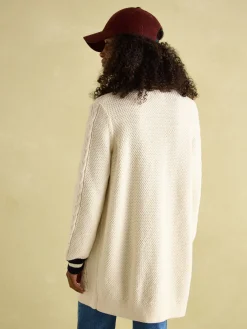 Online Joules Game Point Button Through Longline Cable Knit Cardigan Cream/Navy