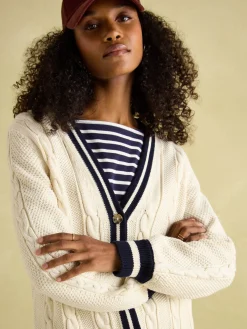 Online Joules Game Point Button Through Longline Cable Knit Cardigan Cream/Navy