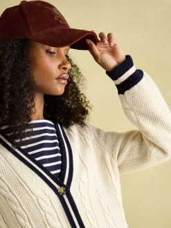 Online Joules Game Point Button Through Longline Cable Knit Cardigan Cream/Navy