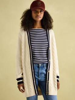 Online Joules Game Point Button Through Longline Cable Knit Cardigan Cream/Navy