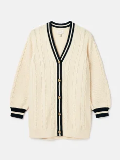 Online Joules Game Point Button Through Longline Cable Knit Cardigan Cream/Navy