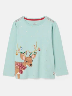 Online Joules Girls' Ava Green Metallic Star Print Artwork T-Shirt GreenMetallicStarPrint