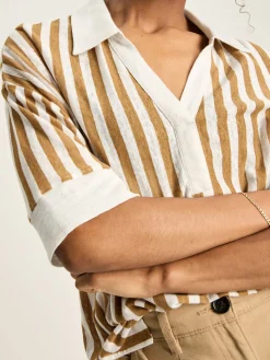 Hot Joules Hadley Tan White Linen Polo Shirt TanWhite