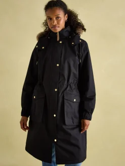 Clearance Joules Harpsden Cosy Waterproof Fleece Lined Raincoat with Faux Fur Hood Black