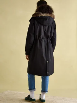 Clearance Joules Harpsden Cosy Waterproof Fleece Lined Raincoat with Faux Fur Hood Black