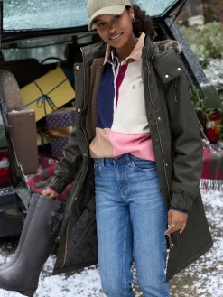 Best Joules Harpsden Cosy Khaki Green Waterproof Fleece Lined Raincoat with Faux Fur Hood KhakiGreen