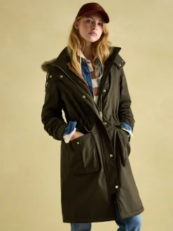 Best Joules Harpsden Cosy Khaki Green Waterproof Fleece Lined Raincoat with Faux Fur Hood KhakiGreen