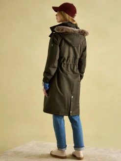 Best Joules Harpsden Cosy Khaki Green Waterproof Fleece Lined Raincoat with Faux Fur Hood KhakiGreen