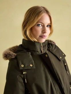 Best Joules Harpsden Cosy Khaki Green Waterproof Fleece Lined Raincoat with Faux Fur Hood KhakiGreen