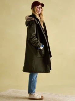 Best Joules Harpsden Cosy Khaki Green Waterproof Fleece Lined Raincoat with Faux Fur Hood KhakiGreen