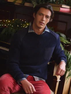 Clearance Joules Hatfield Jumper with Woven Patch Detailing Navy