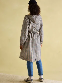 Joules Holkham Brown Check Waterproof Packable Raincoat With Hood BrownCheck