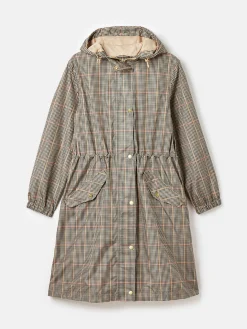Joules Holkham Brown Check Waterproof Packable Raincoat With Hood BrownCheck