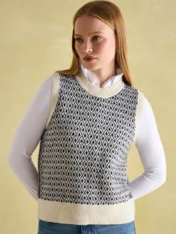 Online Joules Ingrid Patterned Knitted Vest Cream/Navy