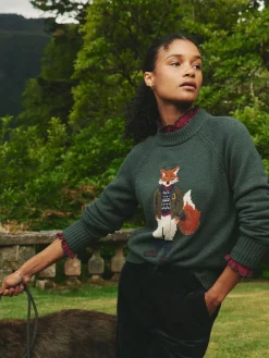 Discount Joules Jonty Dark Green Intarsia Fox Knit Jumper DarkGreen