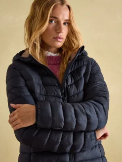 Clearance Joules Kenley Showerproof Long Padded Coat with Hood Navy