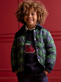 Online Joules Kids' Freddie Green Check Quilted Checked Jacket GreenCheck