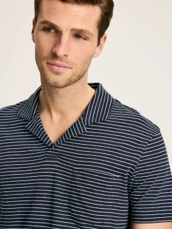 Hot Joules Linen Blend Navy Blue Striped Polo Shirt NavyBlue