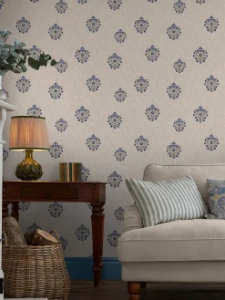 Sale Joules Linen Blue Grove Motif Print 10M Wallpaper LinenBlue