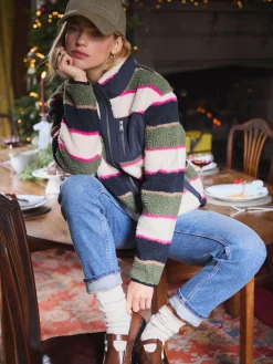 New Joules Lottie Multi stripe Borg Fleece Jacket Multistripe