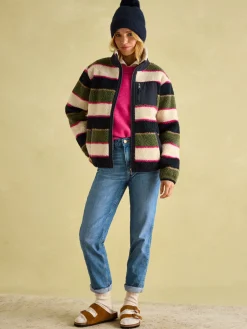 New Joules Lottie Multi stripe Borg Fleece Jacket Multistripe