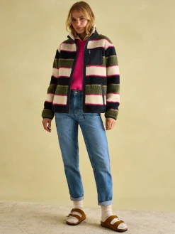 New Joules Lottie Multi stripe Borg Fleece Jacket Multistripe