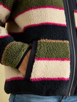 New Joules Lottie Multi stripe Borg Fleece Jacket Multistripe