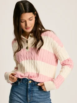 Discount Joules Love All Cable Knit Jumper with Button Collar Pink