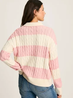 Discount Joules Love All Cable Knit Jumper with Button Collar Pink