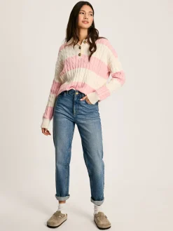 Discount Joules Love All Cable Knit Jumper with Button Collar Pink