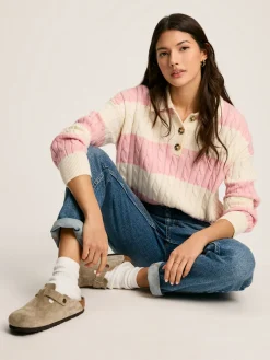 Discount Joules Love All Cable Knit Jumper with Button Collar Pink