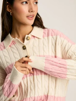 Discount Joules Love All Cable Knit Jumper with Button Collar Pink