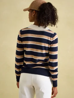 Joules Maddie V Neck Stripe Jumper with Collar Navy/Oatmeal