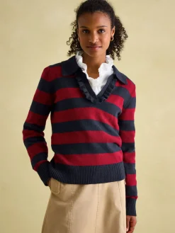 Sale Joules Maddie V Neck Stripe Jumper with Collar Red/Navy