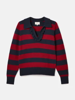 Sale Joules Maddie V Neck Stripe Jumper with Collar Red/Navy
