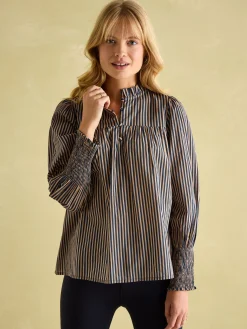 Clearance Joules Mariella Navy Stripe Cotton Frill Neck Blouse NavyStripe