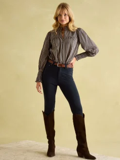 Clearance Joules Mariella Navy Stripe Cotton Frill Neck Blouse NavyStripe