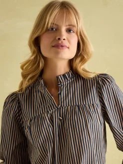Clearance Joules Mariella Navy Stripe Cotton Frill Neck Blouse NavyStripe